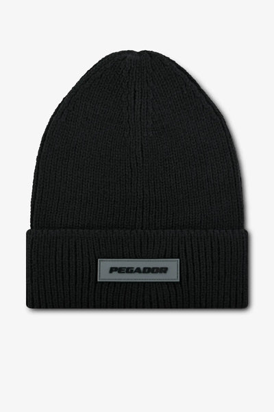 Logo Rubber Beanie Heavy Knit Black Black PEGADOR