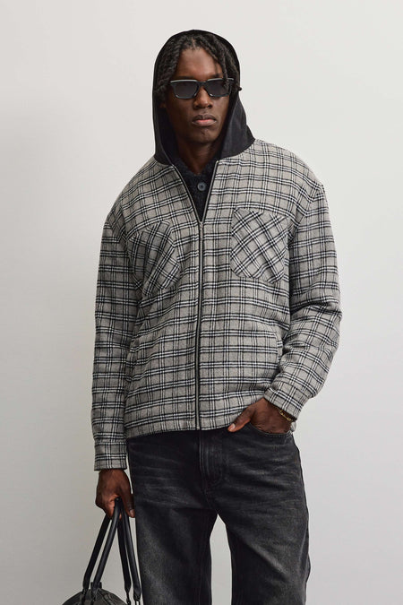 Fontana Hooded Hairy Zip Flannel Jacket Grey Black
