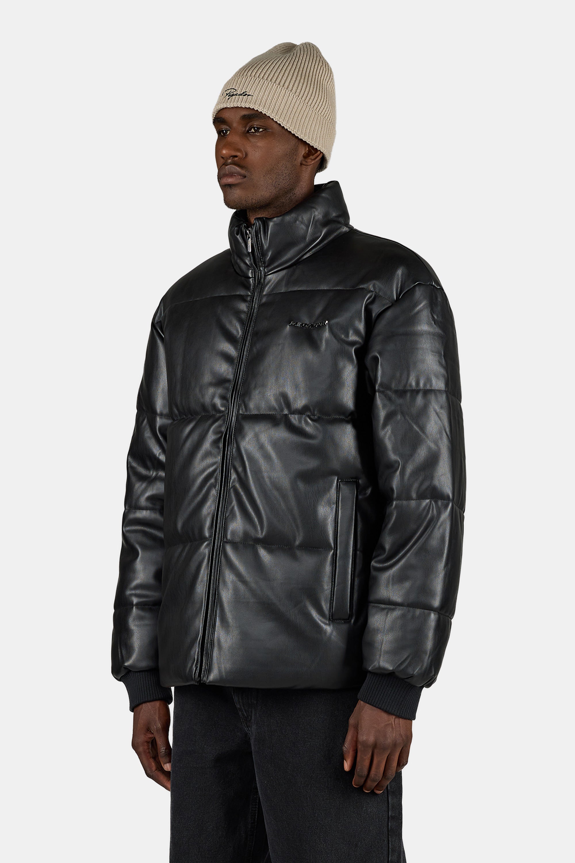 black leather puffer jacket
