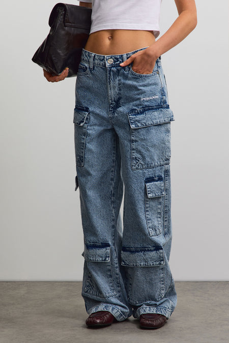 Leli High Waist Cargo Jeans Washed Denim Blue