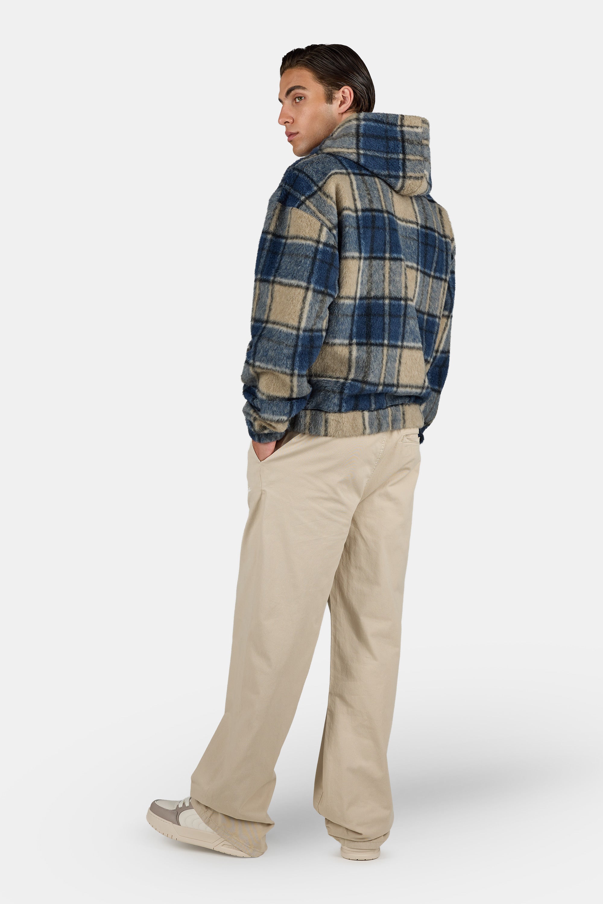 Faren Oversized Furry Flannel Jacket Checked Indigo Navy Stone