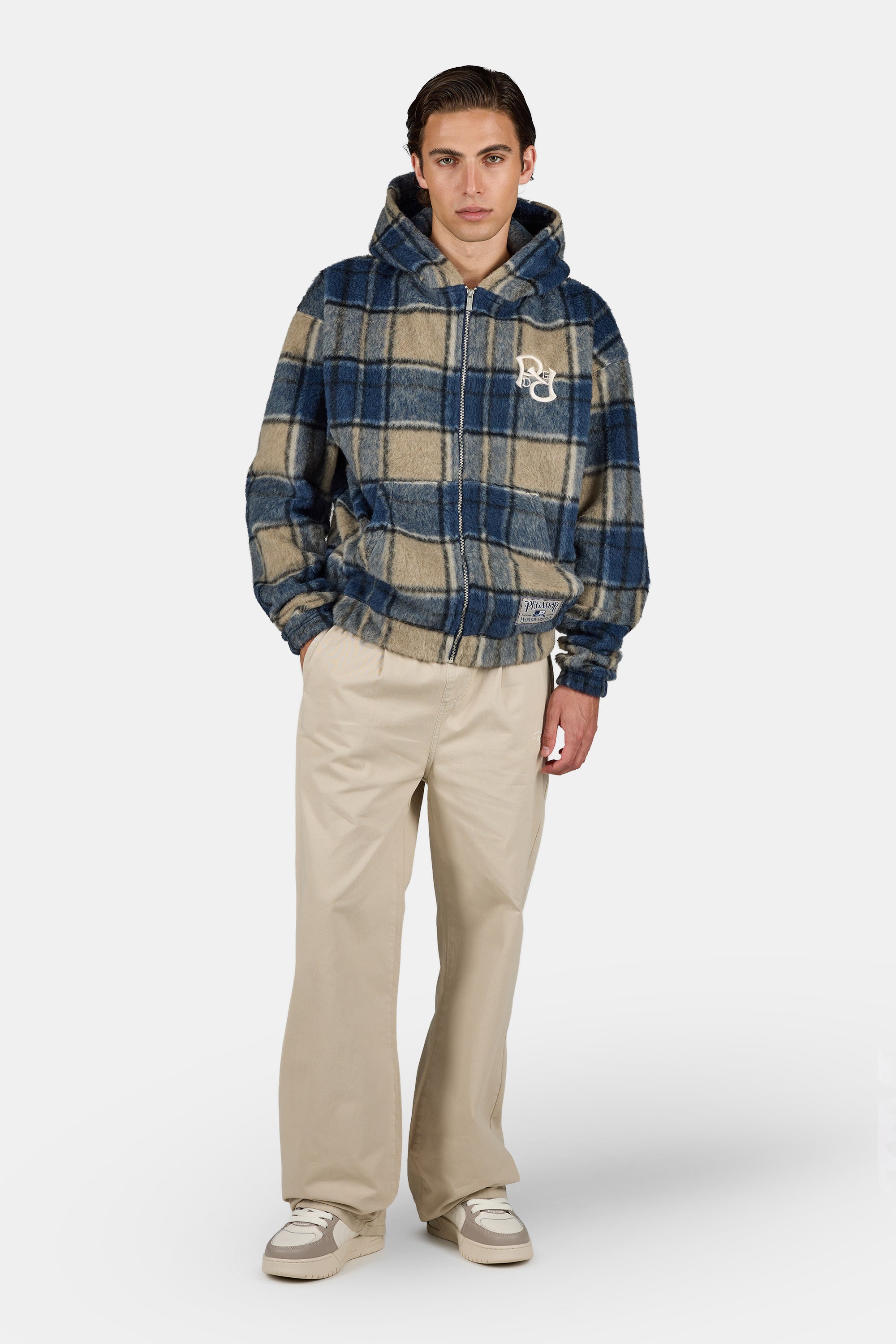 Faren Oversized Furry Flannel Jacket Checked Indigo Navy Stone