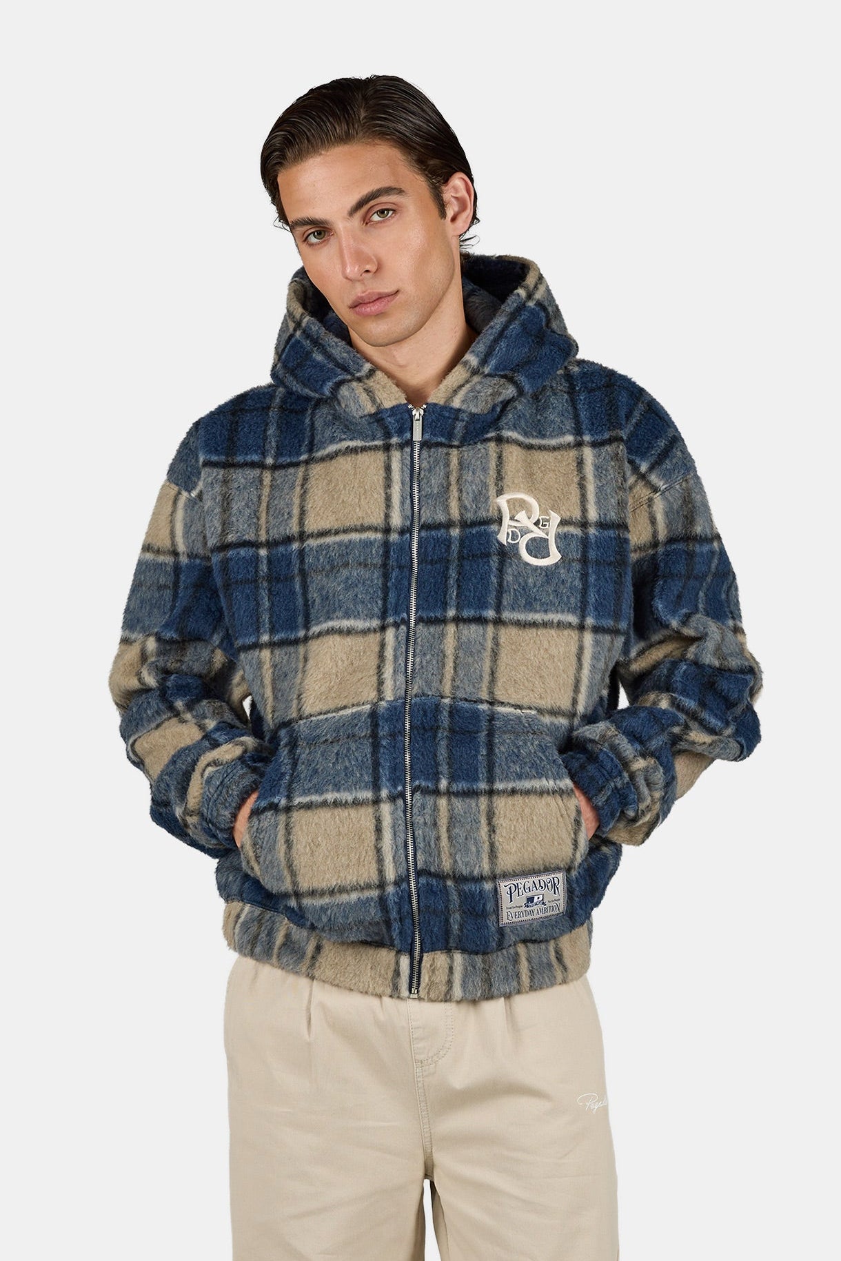 Faren Oversized Furry Flannel Jacket Checked Indigo Navy Stone