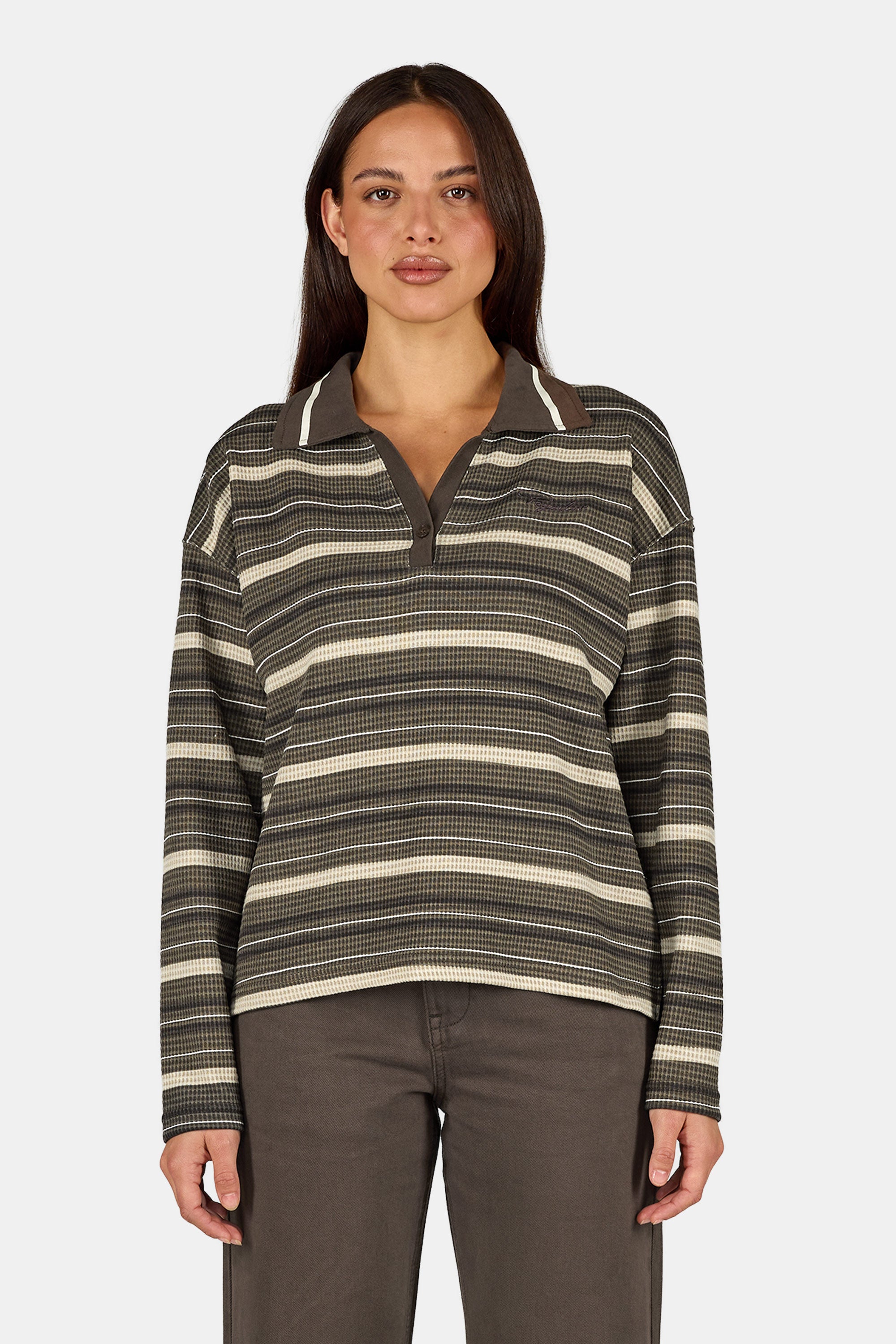 Sofia Waffle Polo Longsleeve Washed Walnut Brown – PEGADOR®