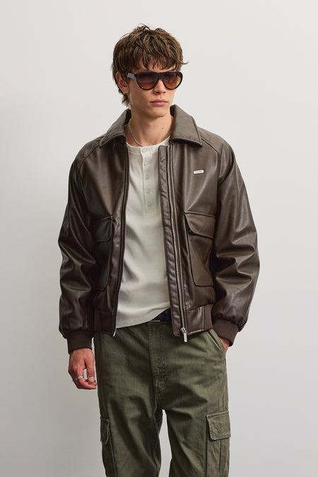 Morano Faux Leather Bomber Jacket Dark Brown