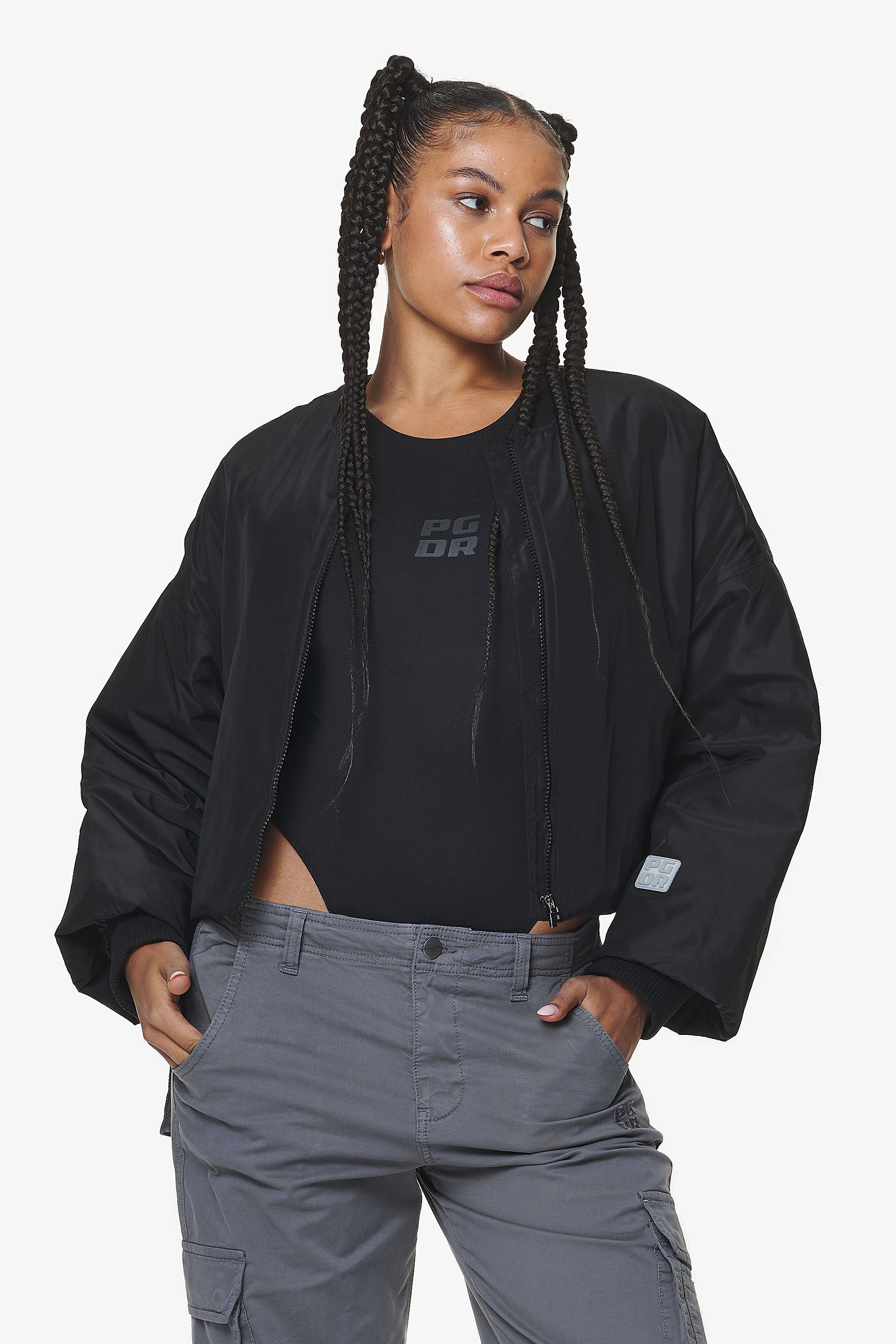 Black puffer bomber jacket womens online