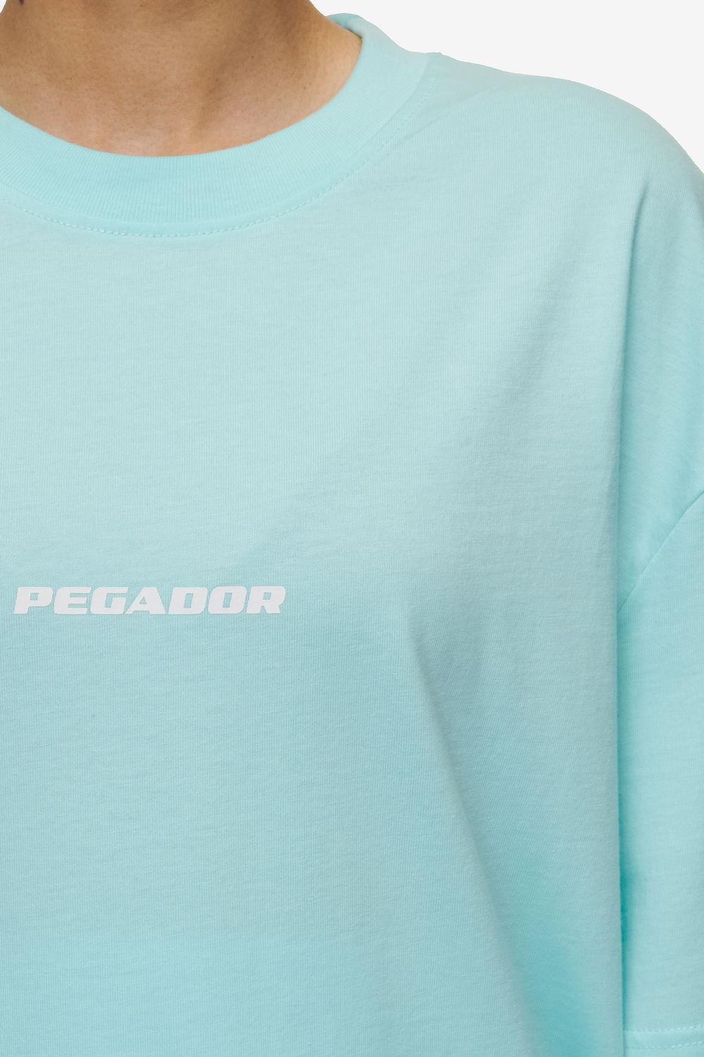 Pegador Colne Logo Oversized Tee Washed Sky Blue White Detailshot aus der High summer Kollektion für DaHerren