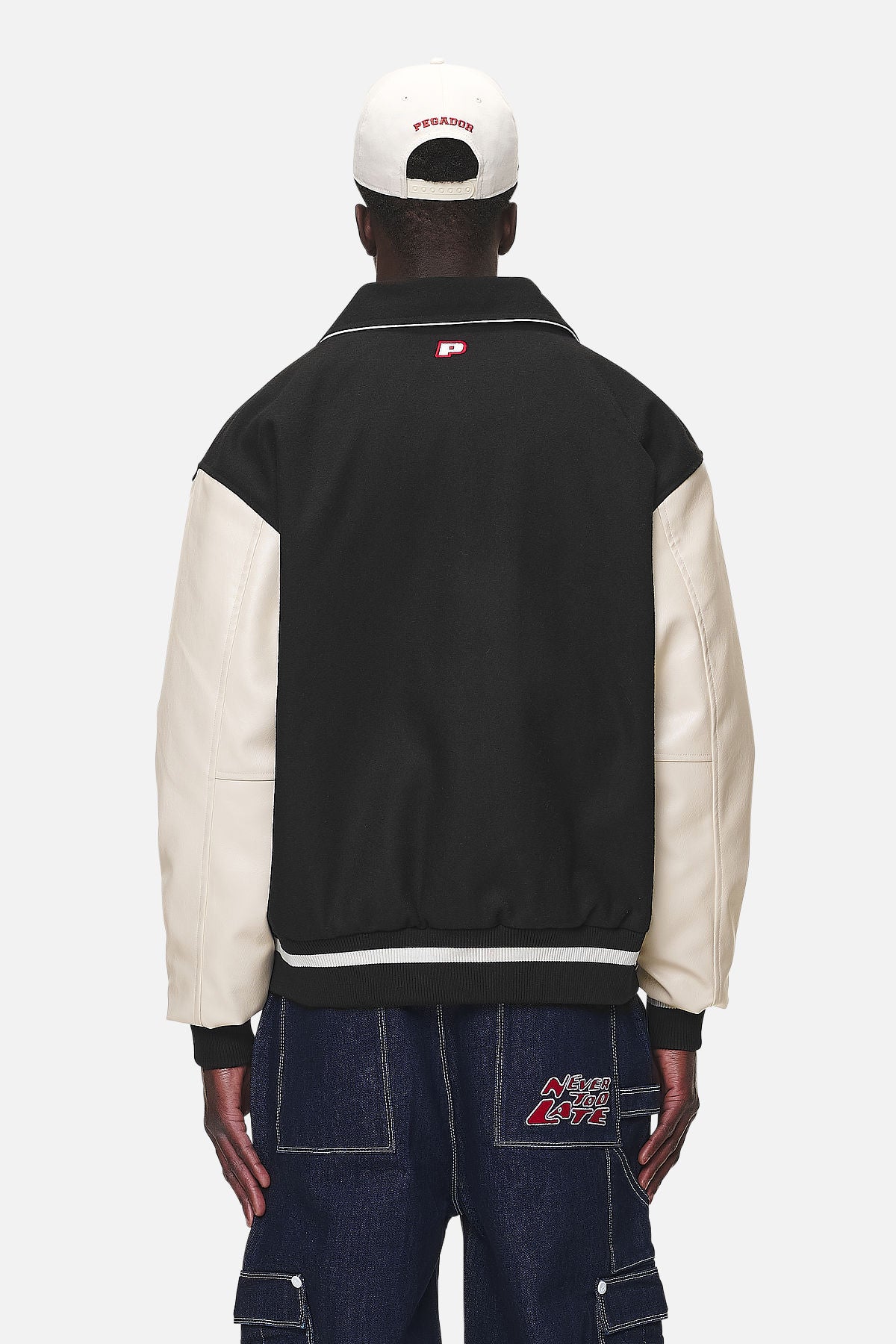 Black and cream varsity jacket sale