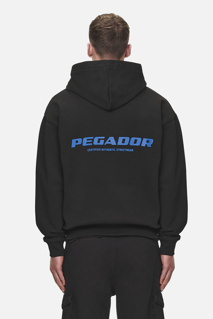 Pegador Colne Logo Oversized Hoodie Washed Black Retro Blue