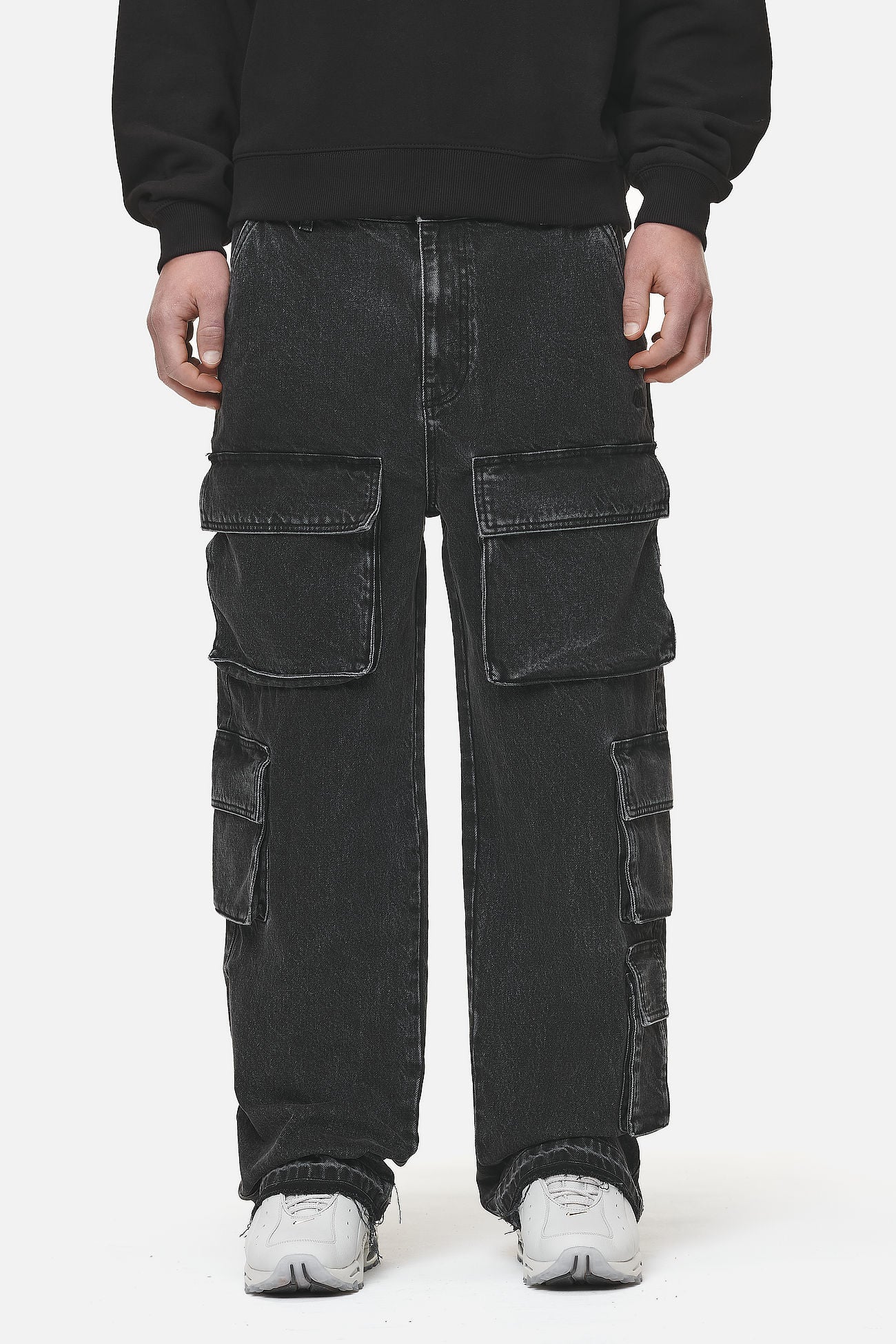 Washed Black Cargo Pocket Detail Wide Leg Jeans