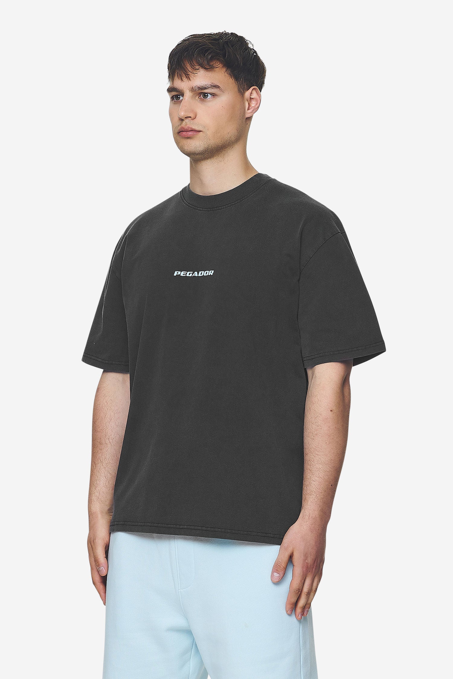 Pegador Colne Logo Oversized Tee Vintage Black Baby Blue Seitenansicht aus der Next Wave Kollektion für Herren