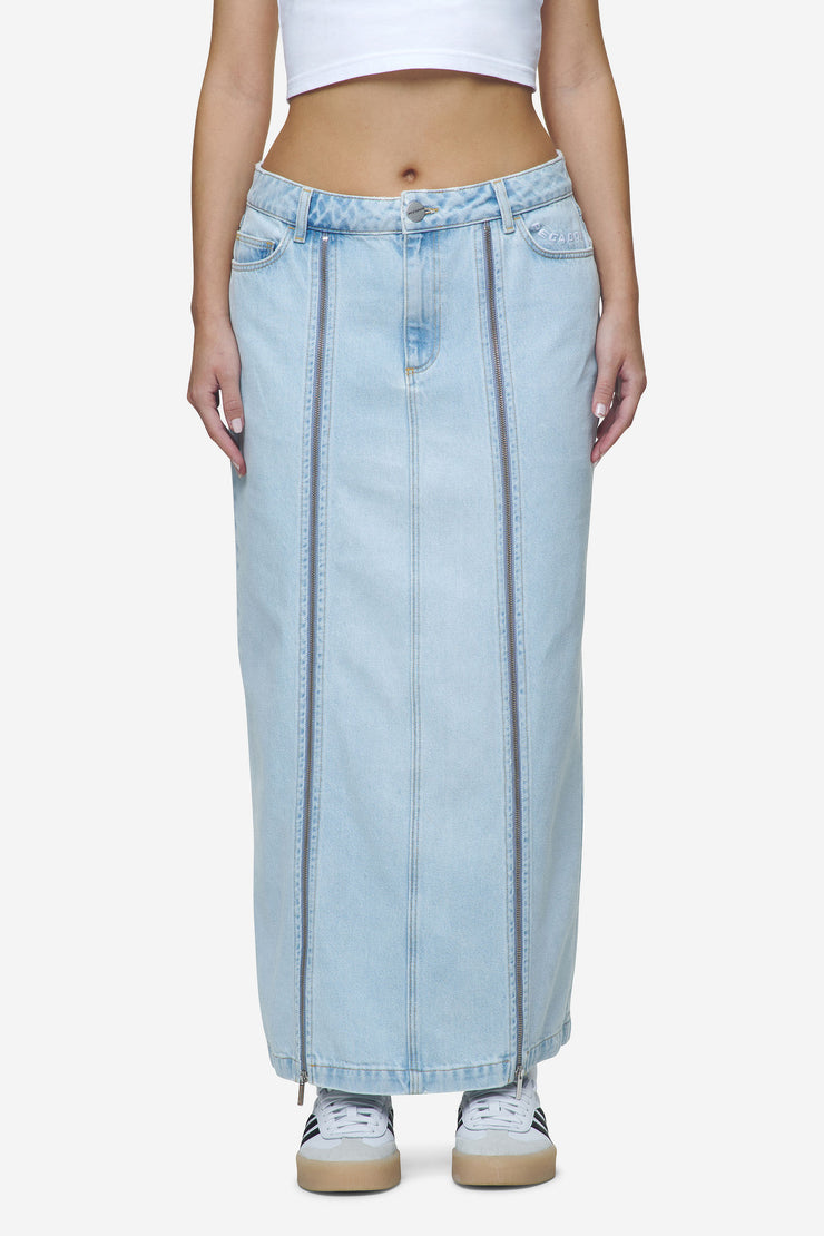 Pegador Aya Denim Midi Zip Skirt Washed Light Blue