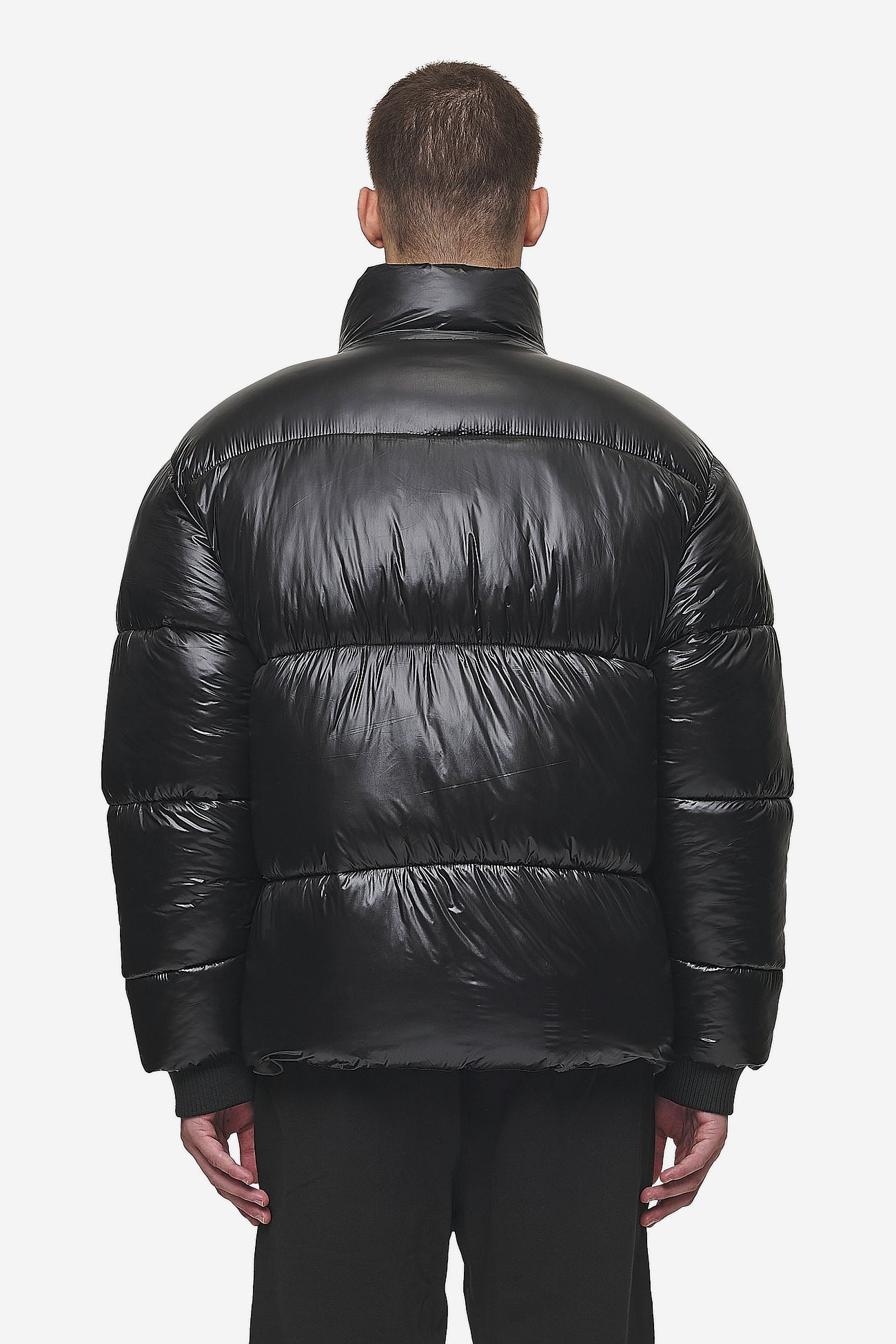 Black glossy puffer jacket on sale