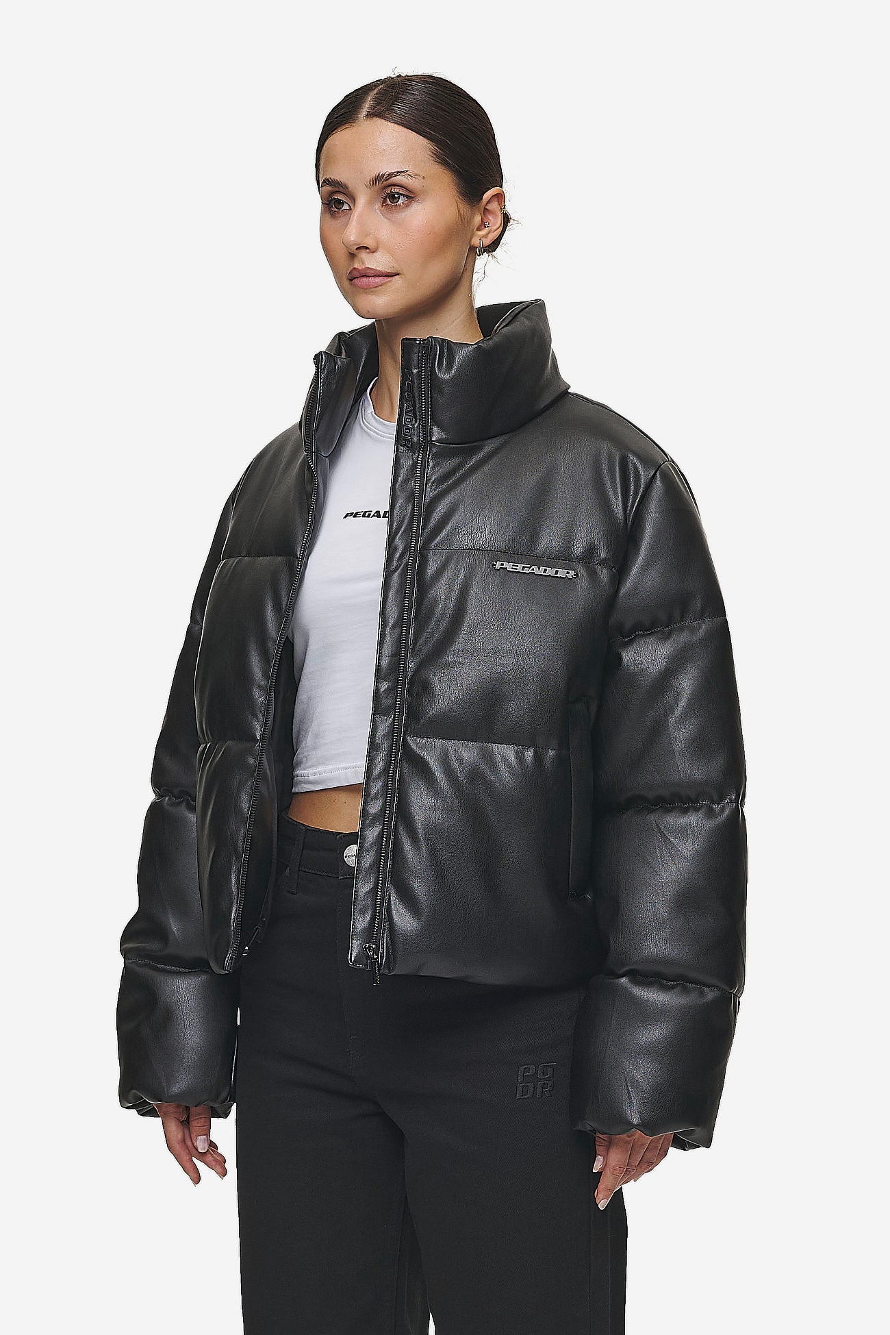 Black faux leather puffer jacket on sale