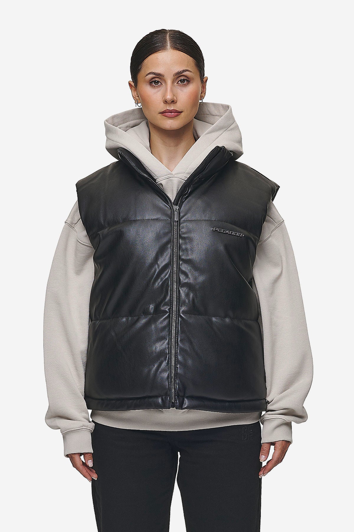 Priory Faux Leather Puffer Vest Metal Logo Black – PEGADOR®