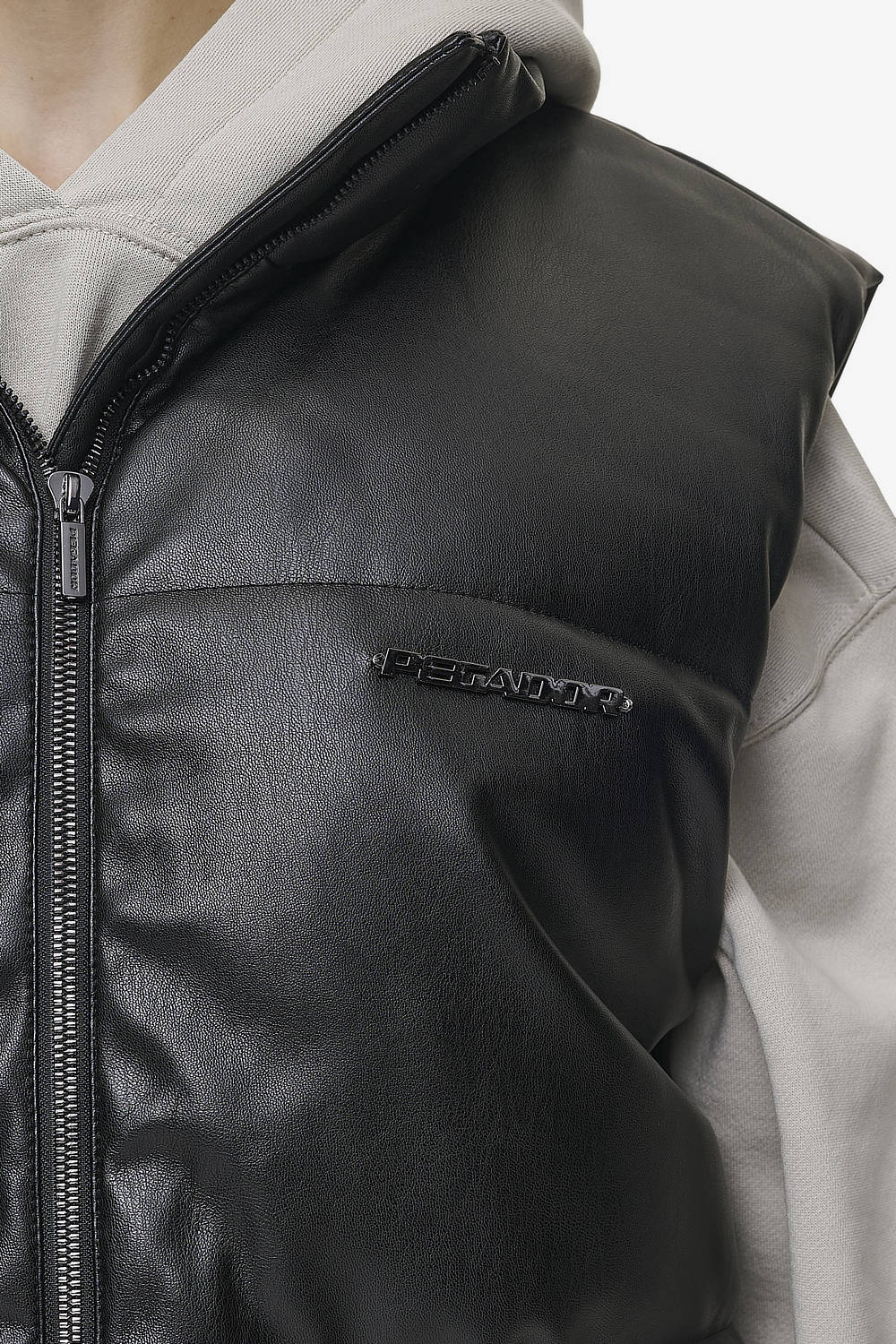 Priory Faux Leather Puffer Vest Metal Logo Black – PEGADOR®