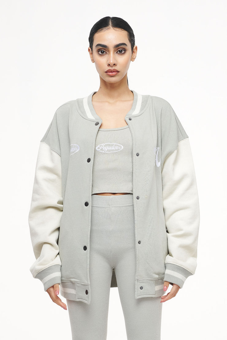 Pegador Dale Oversized Varsity Jacket Vintage Washed Quiet Gray Angels Cream