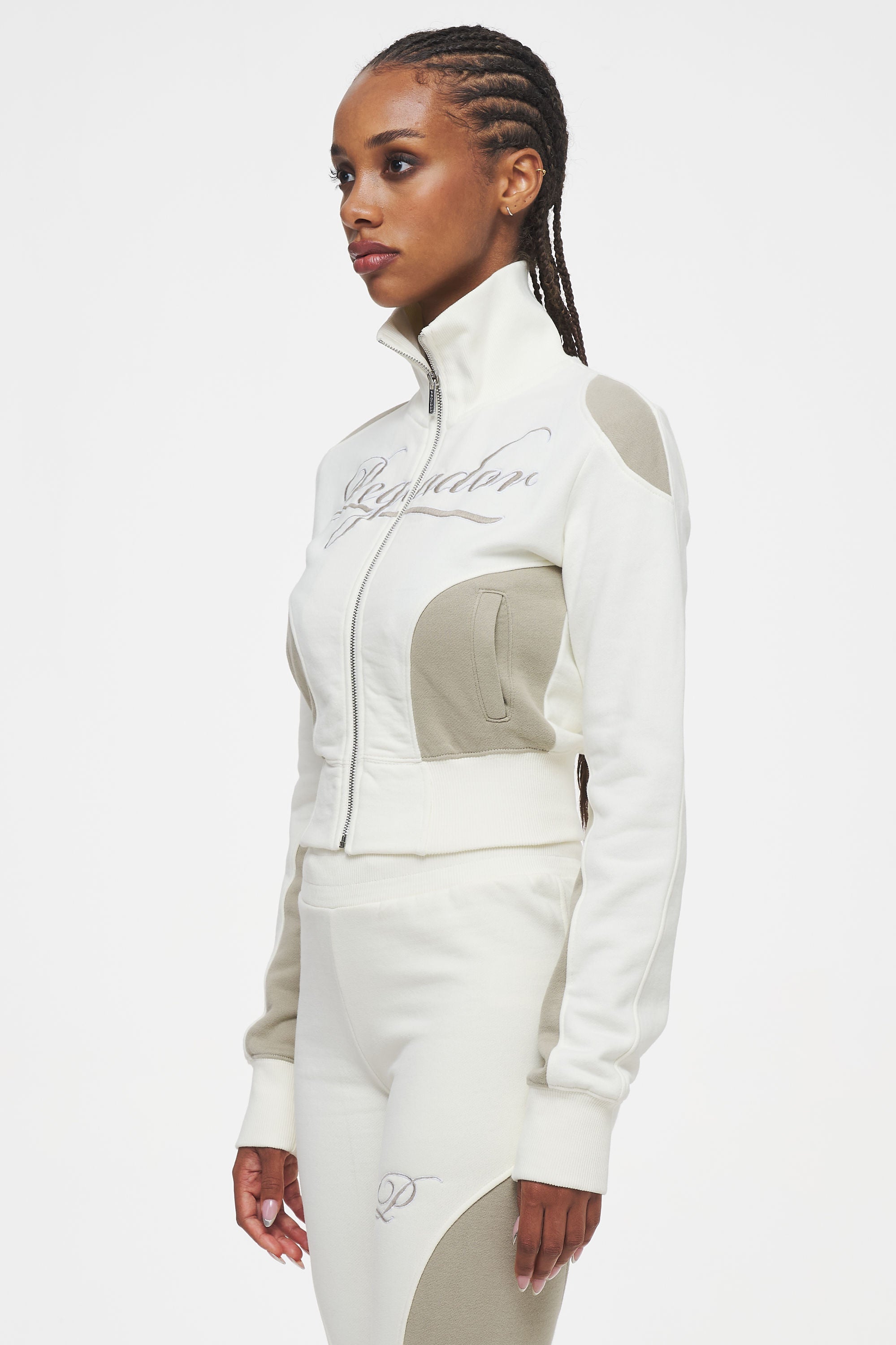 Gavle Futuristic Cropped Sweat Jacket Washed Pearl White Almond Sweater | Women Ahead of Time Female 